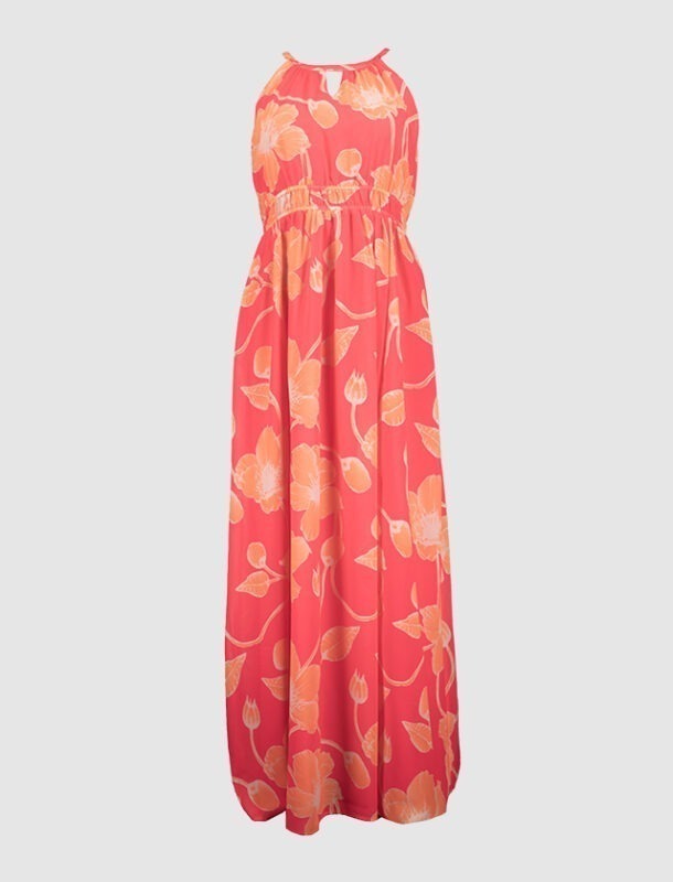 Ein langes Kleid in korallenrot mit orangefarbenen Blumenmustern. Ein langes Kleid in korallenrot mit orangefarbenen Blumenmustern.
