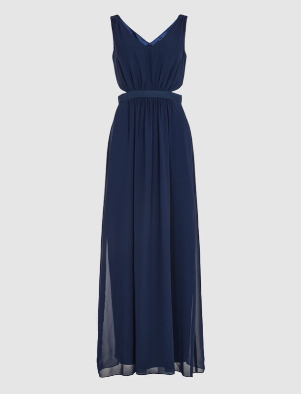 Ein langes, dunkelblaues Kleid mit V-Ausschnitt. Ein langes, dunkelblaues Kleid mit V-Ausschnitt.