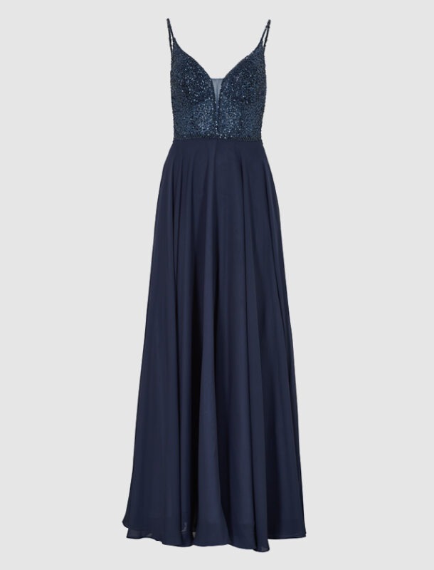 Ein langes, elegantes Abendkleid in Dunkelblau mit einem glitzernden Oberteil und Spaghettiträgern. Ein langes, elegantes Abendkleid in Dunkelblau mit einem glitzernden Oberteil und Spaghettiträgern.