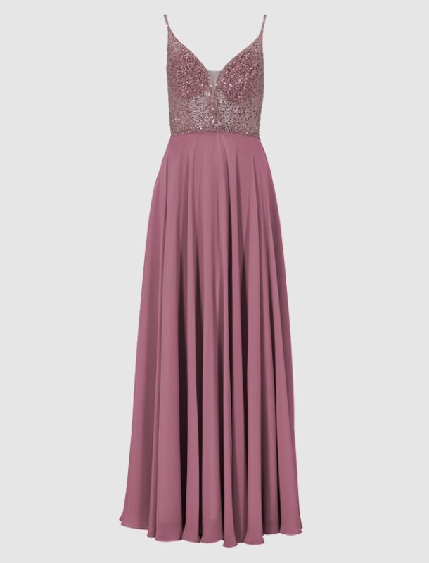 Ein langes, rosafarbenes Abendkleid mit glitzerndem Oberteil und Spaghetti-Trägern. Ein langes, rosafarbenes Abendkleid mit glitzerndem Oberteil und Spaghetti-Trägern.