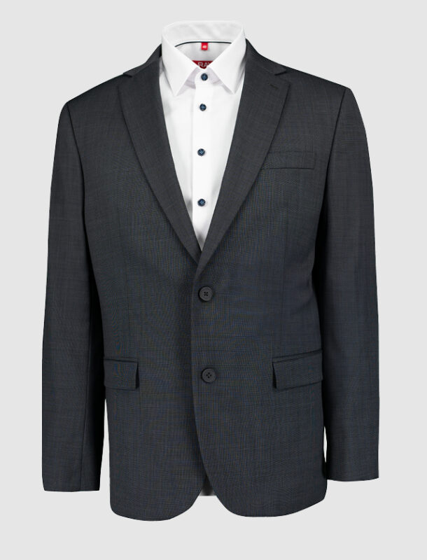 Ein dunkelgrau gestreifter Blazer mit einem weißen Hemd. Ein dunkelgrau gestreifter Blazer mit einem weißen Hemd.