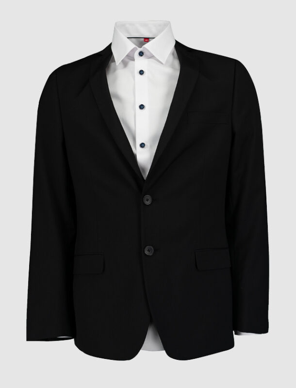 Ein schwarzer Blazer über einem weißen Hemd mit blauen Knöpfen. Ein schwarzer Blazer über einem weißen Hemd mit blauen Knöpfen.