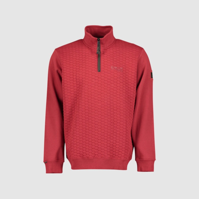 Roter Sweatshirt mit halbem Reißverschluss und gestepptem Muster. Roter Sweatshirt mit halbem Reißverschluss und gestepptem Muster.