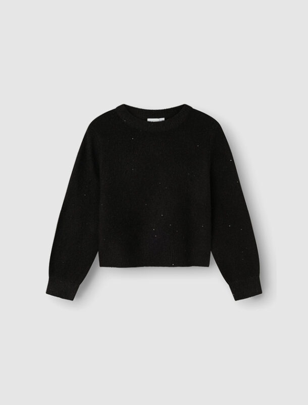 Ein schwarzer Pullover mit Rundhalsausschnitt und langen Ärmeln.