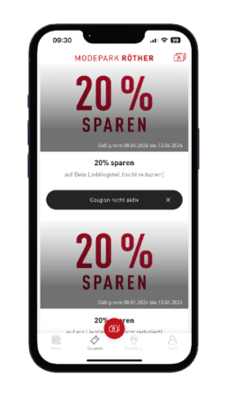 Ein Smartphone-Bildschirm zeigt Rabattangebote von Modepark Röther: 20 % sparen auf Lieblingsartikel, gültig bis 13.06.2024. Ein Smartphone-Bildschirm zeigt Rabattangebote von Modepark Röther: 20 % sparen auf Lieblingsartikel, gültig bis 13.06.2024.