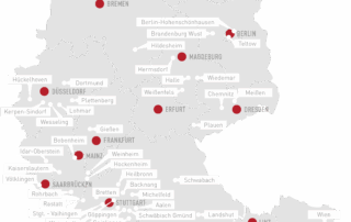 Karte von Deutschland und Teilen Österreichs mit markierten Städten und Orten.