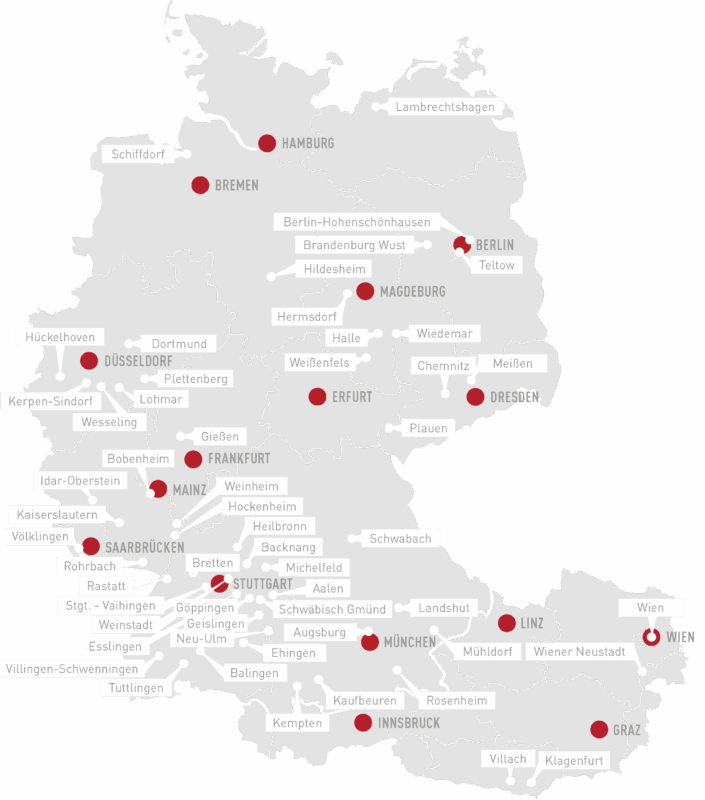 Karte von Deutschland und Teilen Österreichs mit markierten Städten und Orten.