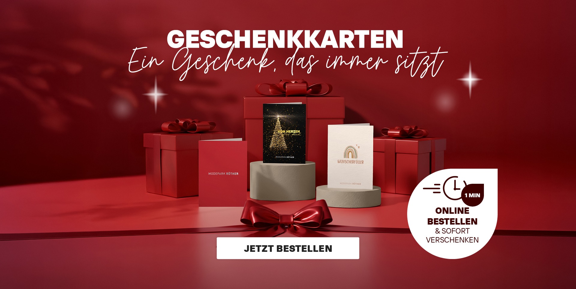 Geschenkekarten und Geschenkpunkte auf roten Hintergründen mit dem Text „JETZT BESTELLEN“.