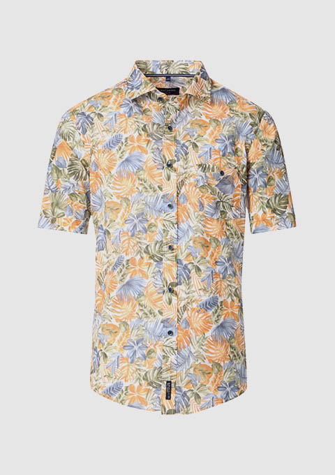 Kurzarm-Hemd für Herren mit orange-blauem Blumenmuster. Kurzarm-Hemd für Herren mit orange-blauem Blumenmuster.