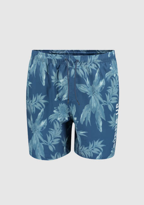 Herren Badehose in Blau mit tropischem Muster, ideal für den Strand oder Pool. Herren Badehose in Blau mit tropischem Muster, ideal für den Strand oder Pool.
