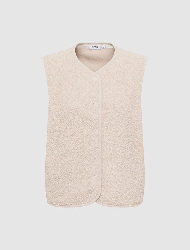 Beige ärmellose Weste aus weichem Material mit Knöpfen.