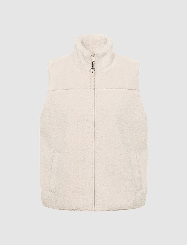 Eine weiße Weste aus weichem, pelzähnlichem Material mit einem Stehkragen und Reißverschluss.