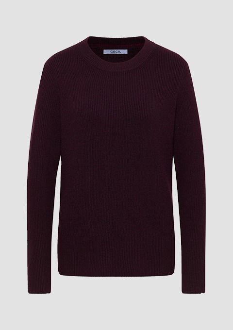 Langärmliger burgunderfarbener Pullover aus weichem, geripptem Strickmaterial. Langärmliger burgunderfarbener Pullover aus weichem, geripptem Strickmaterial.