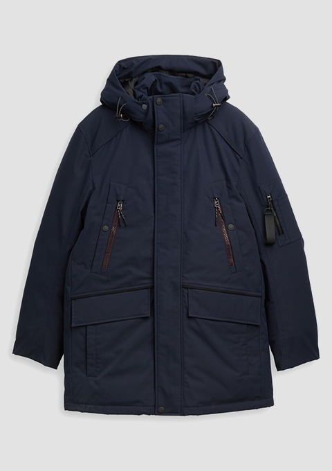Navy Parka aus leichtem, wasserabweisendem Material, ideal für wechselhaftes Wetter. Navy Parka aus leichtem, wasserabweisendem Material, ideal für wechselhaftes Wetter.