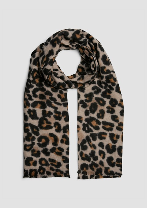 Ein Schal mit Leopardenmuster in Schwarz, Braun und Beige.
