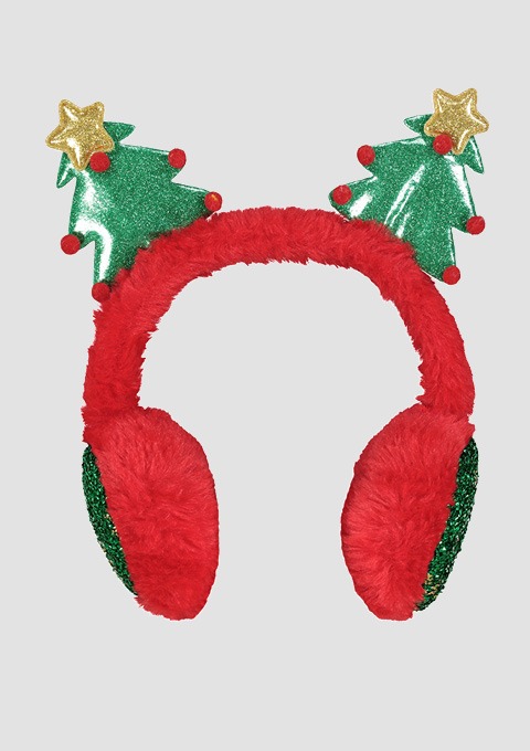 Roter, flauschiger Kopfhörer mit grünen, glitzernden Weihnachtsbäumen und goldenen Sternen als Aufsatz.