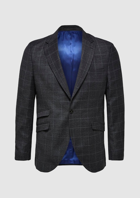Ein Blazer mit schwarzem und blauem Karomuster, stilvoll und vielseitig für verschiedene Anlässe. Ein Blazer mit schwarzem und blauem Karomuster, stilvoll und vielseitig für verschiedene Anlässe.